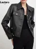 Femmes en cuir Lautaro printemps automne luxe élégant noir veste en cuir synthétique polyuréthane femmes avec des boutons d'or à manches longues piste mode européenne 2023