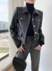 Femmes en cuir Lautaro printemps automne luxe élégant noir veste en cuir synthétique polyuréthane femmes avec des boutons d'or à manches longues piste mode européenne 2023