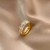 Band Rings Luxury Rose Gold Color Double Row Square Zircon Rostfritt stål Ring för kvinnor Romantiska Engageme Bröllopsfest smycken Kvinna J230719