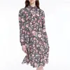 Casual Dresses Floral Print Women Silk Dress Turn-Down Collar Retro Lace-Up Midi Robe For Female Spring Summer 2023