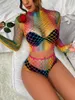 Conjuntos de sutiãs femininos Sexy Rainbow Fishnet Conjunto de Lingerie Duas Peças Erótico Pornô Corpo Roupa Interior Moda Verão Ropa Interior Sexys Mujer