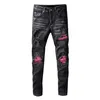 Jeans pour hommes Street Tide High Youth Pink Spell Patch cassé en cuir véritable Grande taille Microélastique Noir Men256N