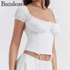 Women's Blouses 2023 Bow Center Buttons Crop Tops White Ruched Elastic Square Collar Short Puff Sleeve Shirt Women Drawstring