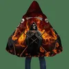 Men's Wool Blends 2021 Winter Mens Cloak Fire Reaper Skull Tattoo 3D full Printing Fleece Hooded Coat Unisex Casual Thick Warm Cape coat PF49 HKD230718