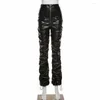 Pantalon femme DISCVRY Faux cuir PU plissé taille haute noir pantalon empilé femmes Slim Hipster Style de rue pantalons longs tendance