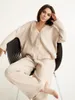 Women's Sleepwear Woman Pajama Set 2 Pieces Suits Drop Sleeves Loungewear Khaki Pure Cotton V Neck Single Breasted Wide Leg Pants