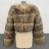 Femmes Fourrure D'hiver Femmes Mode Faux Raton Laveur Manteau De Luxe Court Fluffy Veste Survêtement Fuzzy Crop Top Haute Qualité