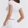 Women's Blouses 2023 Bow Center Buttons Crop Tops White Ruched Elastic Square Collar Short Puff Sleeve Shirt Women Drawstring