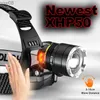 Strålkastare XHP50 D -sensor Strålkastare Vattentät huvudljus USB -laddningsfiske Sökning Camping Head Ficklight Zoom Lantern HKD230719