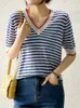 Camiseta de mujer Cuello en V Camiseta de punto fino Mujeres Hit Color Patchwork Rayas Camisetas Manga corta Verano Tops Moda coreana Ropa de mujer 230718