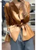 Casaco de pele de carneiro real tajiyane de couro feminino elegante com decote em O para mulheres 2023 jaqueta genuína solta cinto externo