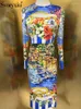 Robes Décontractées Svoryxiu Printemps Eté Mode Vintage Motif Imprimé Soie Midi Crayon Robe Femmes O-cou À Manches Longues Sexy Fesses Couvrant