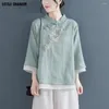 Etniska kläder Autumn Double Layers Ladies Cotton Linen Shirt Blue Chinese Traditionell Women's Formal Tang Costume Pink Green White Hanfu