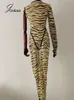 Women's Two Piece Pants Joskaa Zebra Print Mesh Patchwork One shoulder Bodysuit Long pant 2 piece set Sexy See through Outwear Holiday Summer 230718