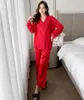 Indumenti da notte da donna rosso con scollo a V in pizzo manica intera pantalone 2 pezzi pigiama set primavera autunno seta finta biancheria da notte matrimonio intimo abbigliamento da casa