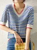 女性用TシャツvネックシンニットTシャツ女性ヒットカラーパッチワークストライプティーショナルスリーブサマートップ韓国ファッションレディース衣類230718