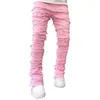 Erkekler Kot 2023 Düzenli Uyum Yığılmış Yama Sıkıntılı Yıkılmış Düz Denim Pantolon Sokak Giyim Giysileri Günlük Jean