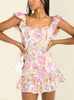 여성 스퀘어 목록 슬리빙 프린트 헴 플로럴 프린트 미니 드레스 패션 등이없는 넥타이 해변 휴가 여름 드레스
