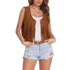 Women's Vests Tassel Suede Vest Solid Color Front Button Sleeveless Hippie Cropped Jacket Vintage Waistcoat