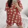 Roupa de dormir feminina Kawaii Cookie Bear Cartoon conjunto de pijamas feminino doce de duas peças verão universitário na moda verde manga curta meninas roupas de casa