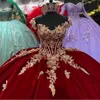 Rood sexy v-hals prinses Quinceanera jurkt baljurk van de schoudergouden appliques boog korset zoet 15 Vestidos de xv anos