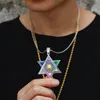 Hänge halsband Rainbow Colors Cubic Zircon Magen Star of David Pendant Israel Je Necklace Iced Out CZ Stone Men Hip Hop Jewelry Gift 230718