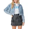 Women's Jackets Women S 2023 Distressed Denim Jacket With Frayed Hemline And Embroidered Floral Details - Stylish Long Sleeve Button Down