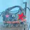 Borse a tracolla Hip Hop Borsa da donna Borsa in denim morbido Fibbia per cintura Y2k Spice Girls Pink Pentagram Patch Design Nappe Raw Edge Crossbody