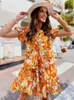 Basic Casual Dresses Summer Fashion Print Aline Dress Womens Oneck Short Sleeve Ruffled Loose Mini Holiday Beach 230718