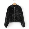 Women's Jackets Black Sequin Baseball Jacket Spring Stand Collar Long Sleeve Zip Up Varsity Korean Fashion 2023 Women Coat