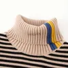 Pullover 2022 Winter Warm 3 4 5 6 8 10 12 Years Teenage Thickening High Neck Knitted Turtleneck Color Striped Sweater For Baby Kids Boys HKD230719