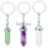 Bilnyckel Natural Gem Stone Keychains Hexagonal Point Pendant Keychain Healing Stone Pink Quartz Crystal Opal för DIY Car Key Rings Chains X0718