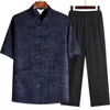 Vêtements ethniques hommes vêtements chinois chemise pantalon demi manches Tang costume main bouton Costumes Satin soie Hanfu col Mandarin