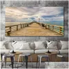Dipinti Spiaggia Paesaggio Tela Pittura Decorazioni per interni Ponte di legno Immagini di arte della parete per soggiorno Decorazioni per la casa Mare Tramonto Pri Dhs5D
