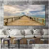 Pinturas Playa Paisaje Lienzo Pintura Decoraciones interiores Puente de madera Arte de la pared Cuadros para sala de estar Decoración para el hogar Mar Puesta de sol Pri Dhs5D