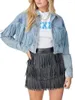 Women's Jackets Women S 2023 Distressed Denim Jacket With Frayed Hemline And Embroidered Floral Details - Stylish Long Sleeve Button Down