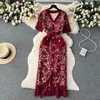 Casual Dresses French Dress Women Summer New Fashion Single Breasted Short Sleeve Lace Hollow Sexy Party Elegant Clothes Vestido F251c