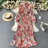 Casual Dresses Vintage Long Dress Full Sleeve 2024 Spring Fall Loose A-Line Printed Leopard Pleated Women Elegant Robe