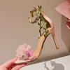 Dress Shoes Organza Pink Flower With Leafs Sandals Thin High Heels Peep Toe Summer Rural Floral Beauty Bridal Sandalias Wedding