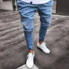 Mens Super Skinny Light Blue Jeans Fashion Designer geplooide Panelen Denim Joggers Gewassen Stretch Biker Potlood Broek Trousres303U