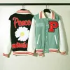 Bombowca Kurtki dla mężczyzn zszyte sportowe baseballowe kołnierz skórzany rękaw streetwear Hip Hop Varsity Letterman Peace Tops Coats Embodery Flower