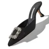 Элегантная марка Maysale Sandals Shoes Jewel Black Satin Slingback квадратная хрустальная пряжка мулы Stiletto Dame Hel Lady Pumps Eu35-43