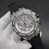 High quaility men quartz watch Chronograph full works Diamonds silver case 42mm Diamonds face Black rubber strap