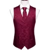 Hommes Gilets Designer Gilet Pour Hommes Soie Brodé Rouge Bordeaux Paisley Gilet Cravate Poche Carré Ensemble Slim Fit Costume De Mariage Barry Wang