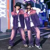 ステージウェアキッズファッションヒップホップ服パープルノースリーブジャケットストリートウェアジーンズパンツガールボーイダンスコスチュームショー衣装