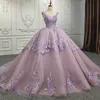 Luxo Lavanda Sem Mangas Quinceanera Vestidos Vestido de Baile Sweet Appliques 3DFlower Vestidos Sweep Train Vestidos De 15 Anos