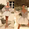 Gorgeous A-line Wedding Dresses Short Dress Square Long Sleeves Shining Beads Tulle Designer Backless Zipper Custom Made Plus Size Bridal Gown Vestidos De Novia