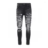 Jeans pour hommes arrivées mode Streetwear trous déchirés noir décontracté pli Patchwork Slim pantalon en Denim endommagé pour homme