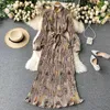 Casual Dresses Vintage Long Dress Full Sleeve 2024 Spring Fall Loose A-Line Printed Leopard Pleated Women Elegant Robe