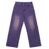 Pantalones vaqueros para hombre Foufurieux púrpura para hombre, ropa de calle informal coreana, pantalones vaqueros Vintage de Hip Hop para hombre y mujer, pantalones rectos de pierna ancha